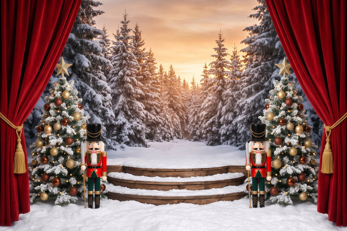 Weihnachtlicher Themenhintergrund Verschneiter Wald Bühnenvorhang Nussknacker RR610-79