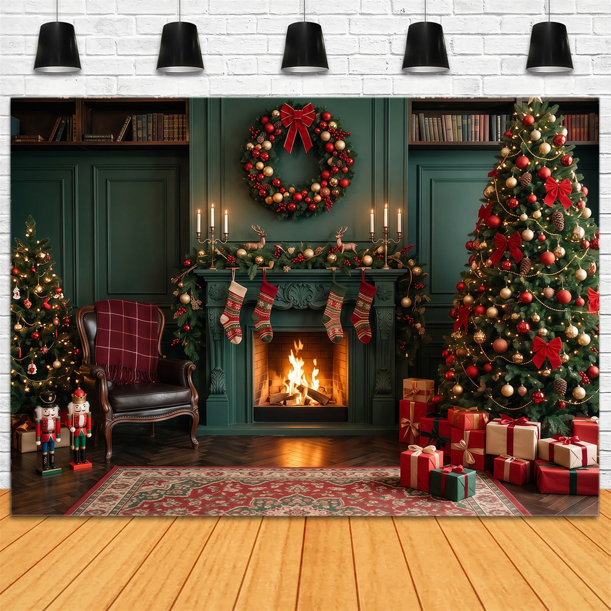 Weihnachtskamin-Hintergrund Smaragdgrüne Weihnachtssocken-Dekoration RR610-80