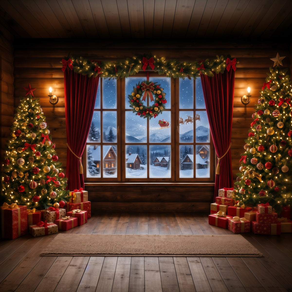 Santa-Hintergrund Verschneites Dorf Fensterdekoration RR610-83