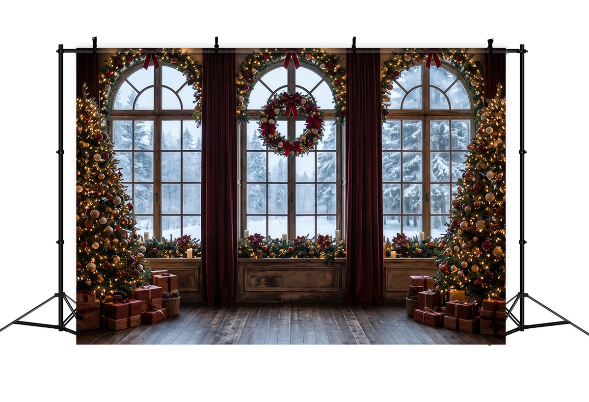 Weihnachtlicher Hintergrund Frostiges Fenster Kranzdekoration RR610-85