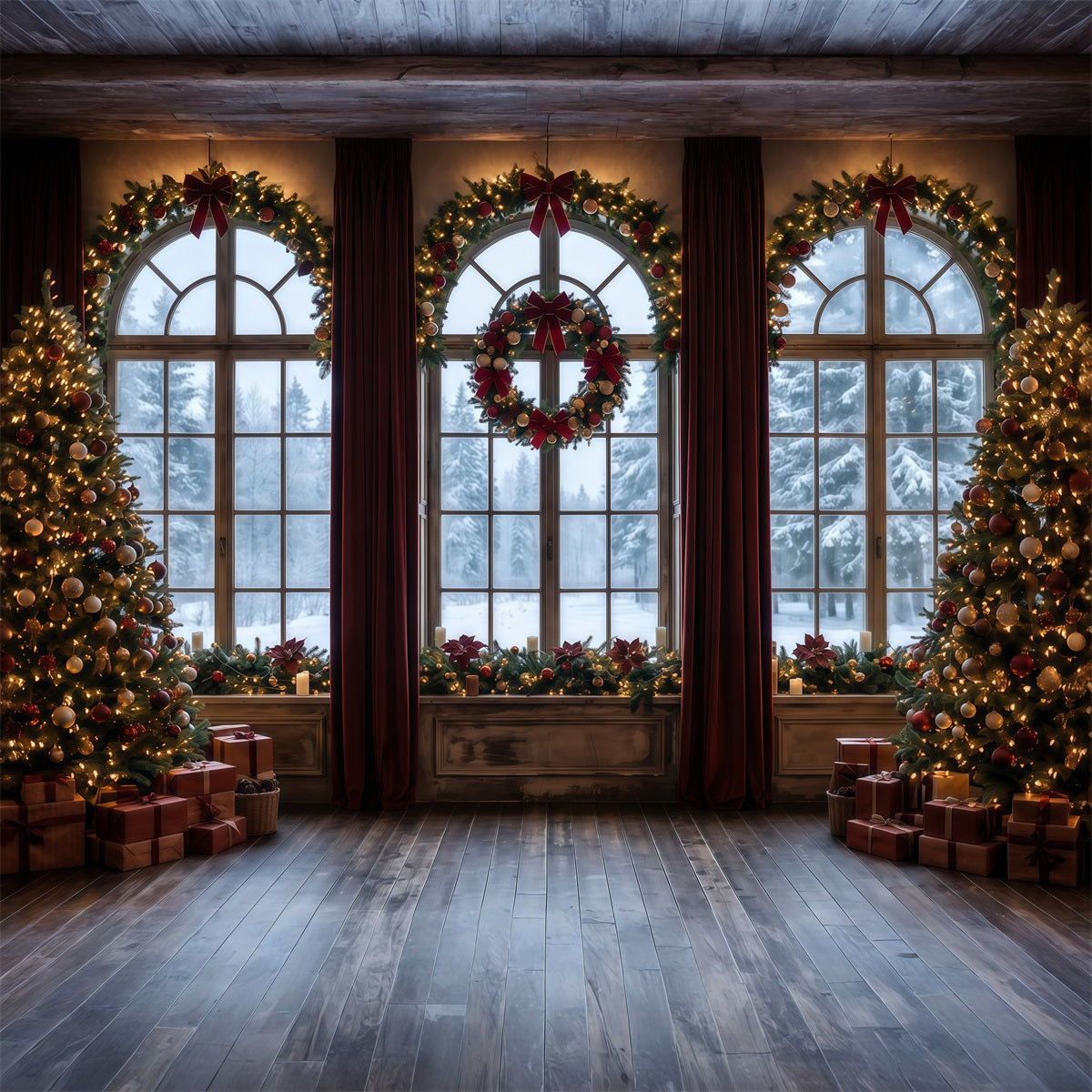 Weihnachtlicher Hintergrund Frostiges Fenster Kranzdekoration RR610-85