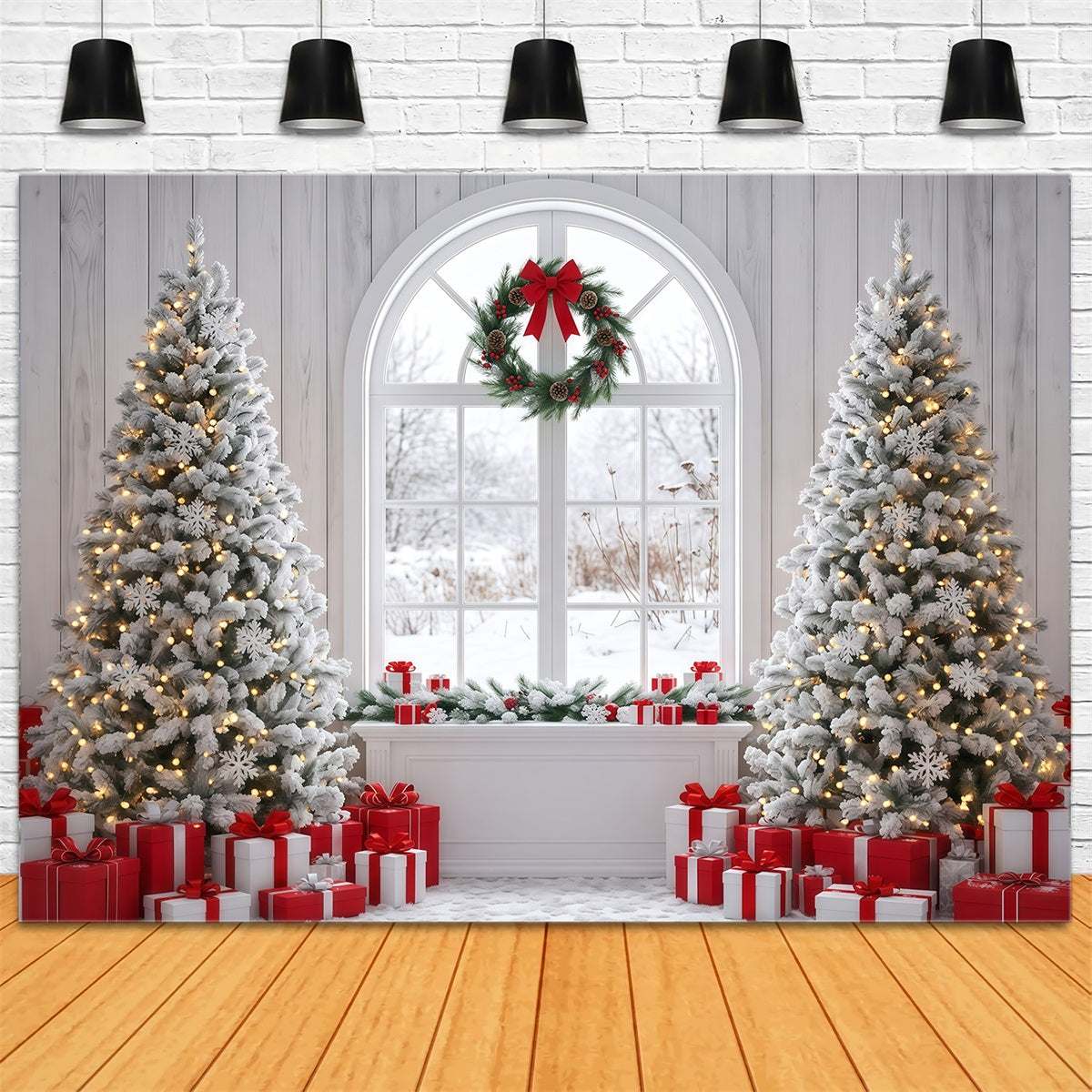 Weihnachtlicher Fotohintergrund Verschneites Fenster Weihnachtsbaum Dekoration RR610-9