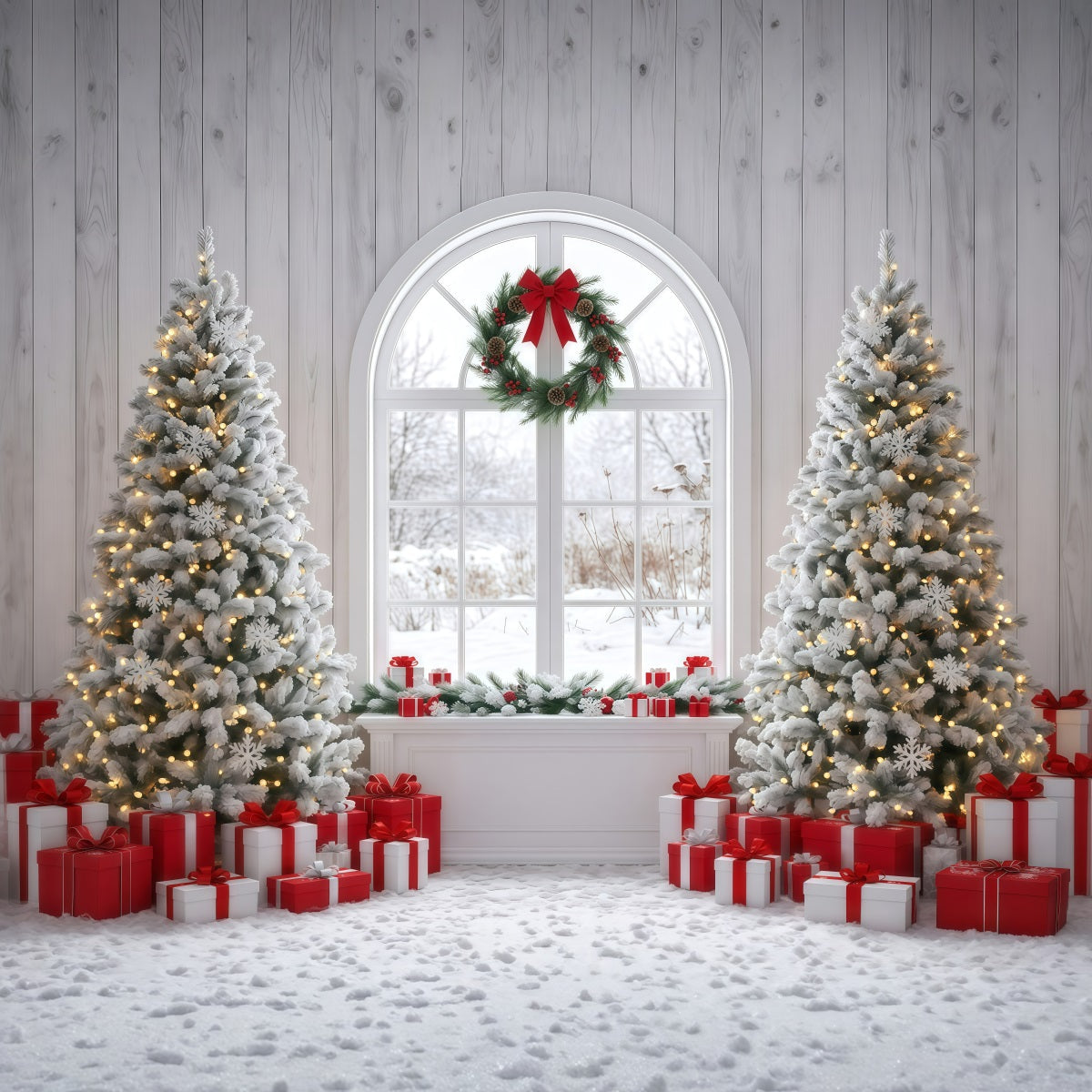 Weihnachtlicher Fotohintergrund Verschneites Fenster Weihnachtsbaum Dekoration RR610-9