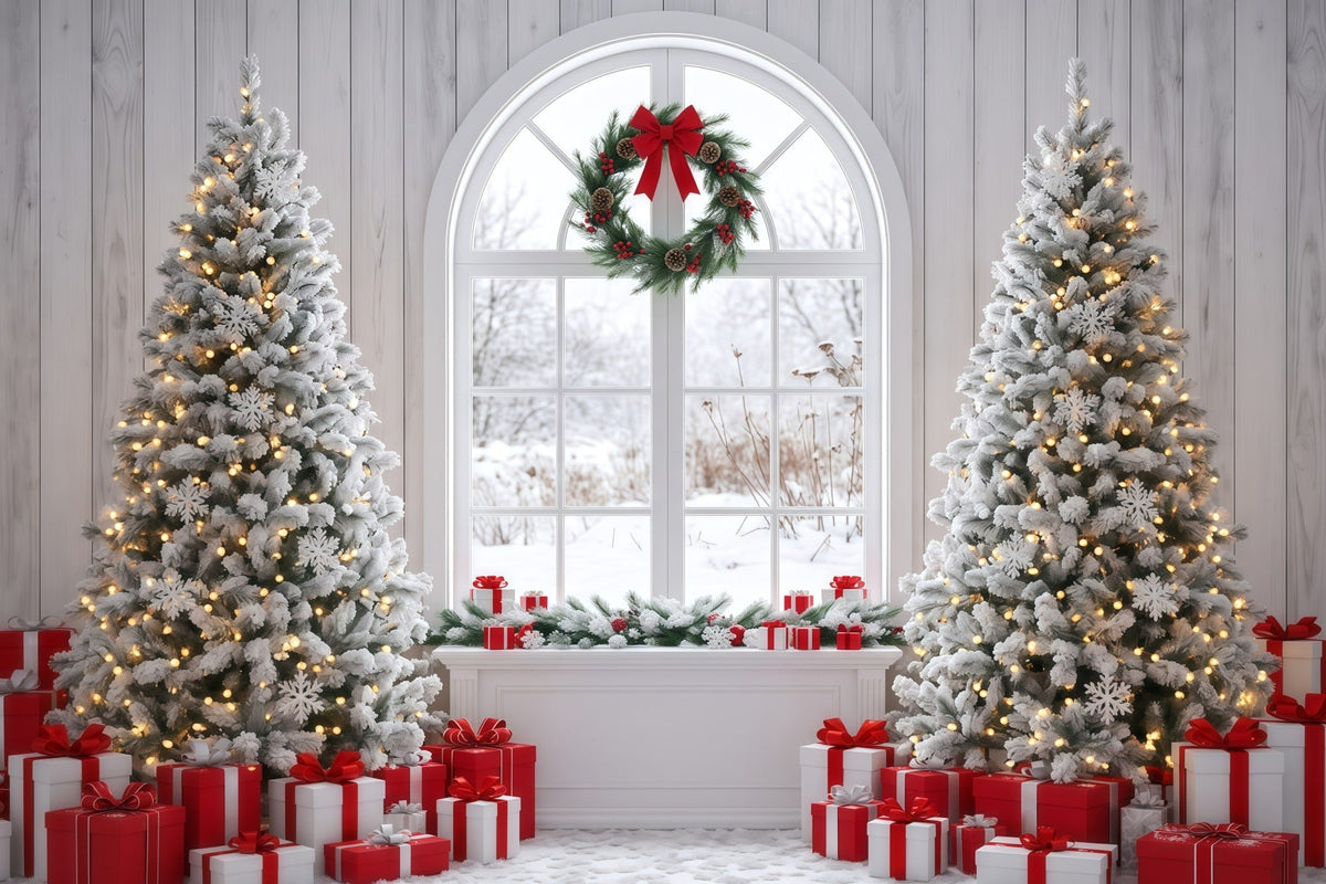 Weihnachtlicher Fotohintergrund Verschneites Fenster Weihnachtsbaum Dekoration RR610-9