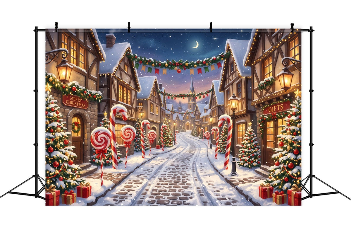 Weihnachtsdorf-Hintergrund Zuckerstangen Verschneite Straße RR610-94