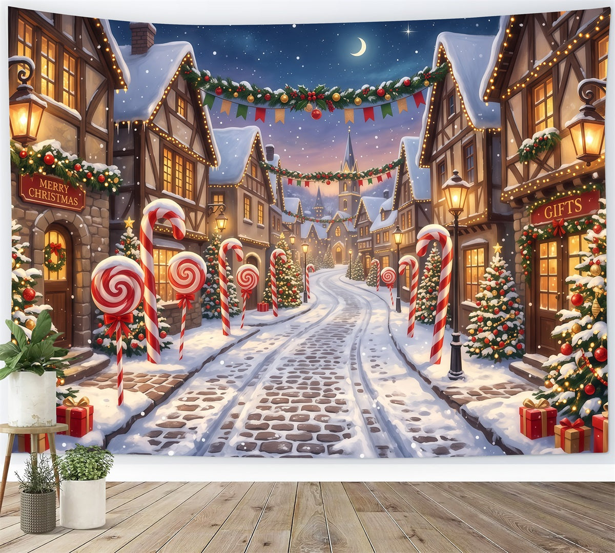 Weihnachtsdorf-Hintergrund Zuckerstangen Verschneite Straße RR610-94