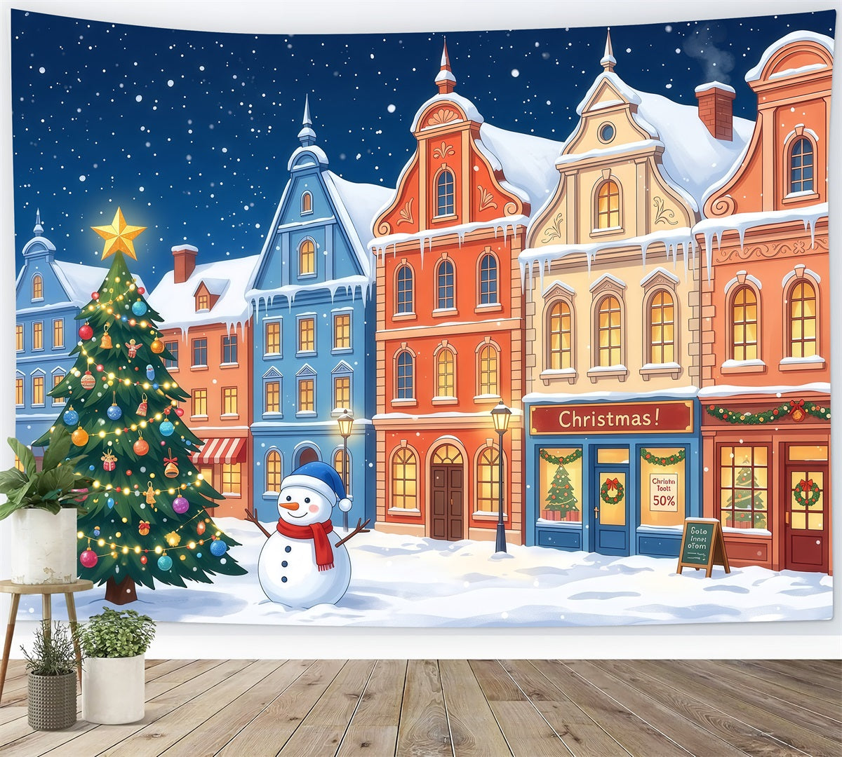 Weihnachtsstadt-Hintergrund Bunte Verschneite Stadt Schneemann RR610-97