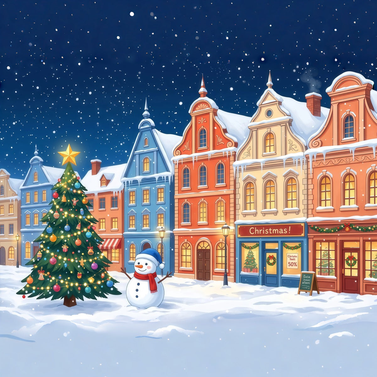 Weihnachtsstadt-Hintergrund Bunte Verschneite Stadt Schneemann RR610-97