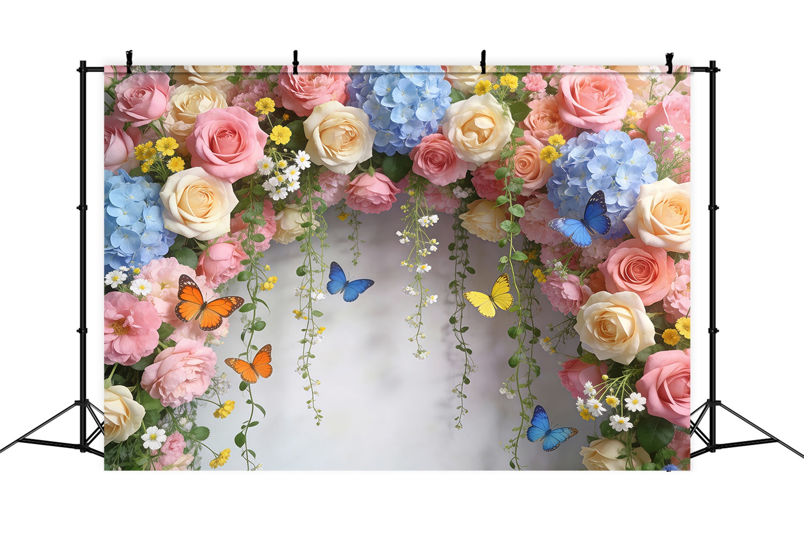 Hintergrund mit Schmetterlingen Pastellrosa Gänseblümchen Blumenbogen Blumengirlande als Hintergrund RR62-1