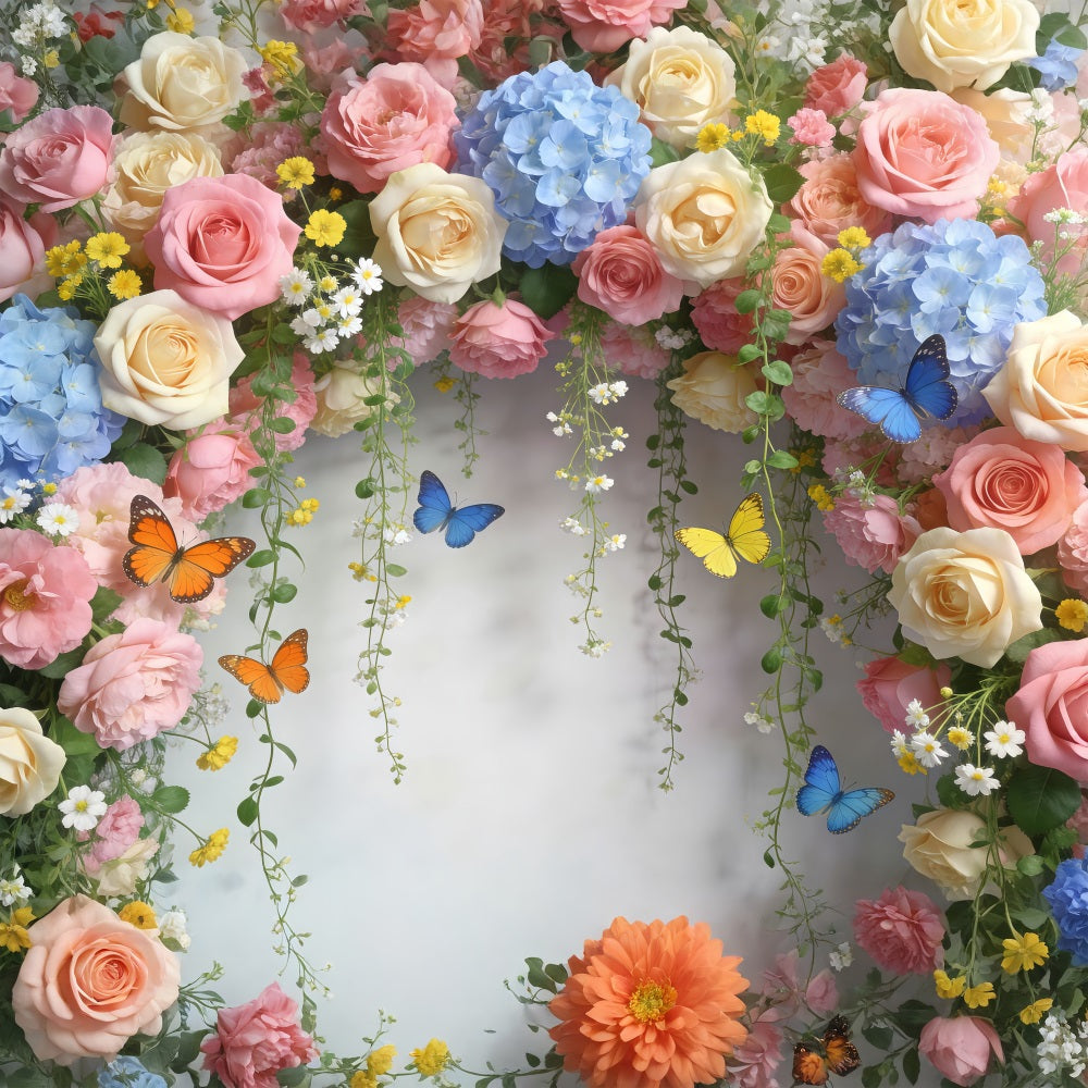 Hintergrund mit Schmetterlingen Pastellrosa Gänseblümchen Blumenbogen Blumengirlande als Hintergrund RR62-1