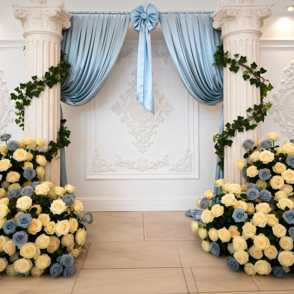 Frühlingshochzeit-Hintergrund Blau drapierte Rosensäule Eleganter Blumenhintergrund RR62-10