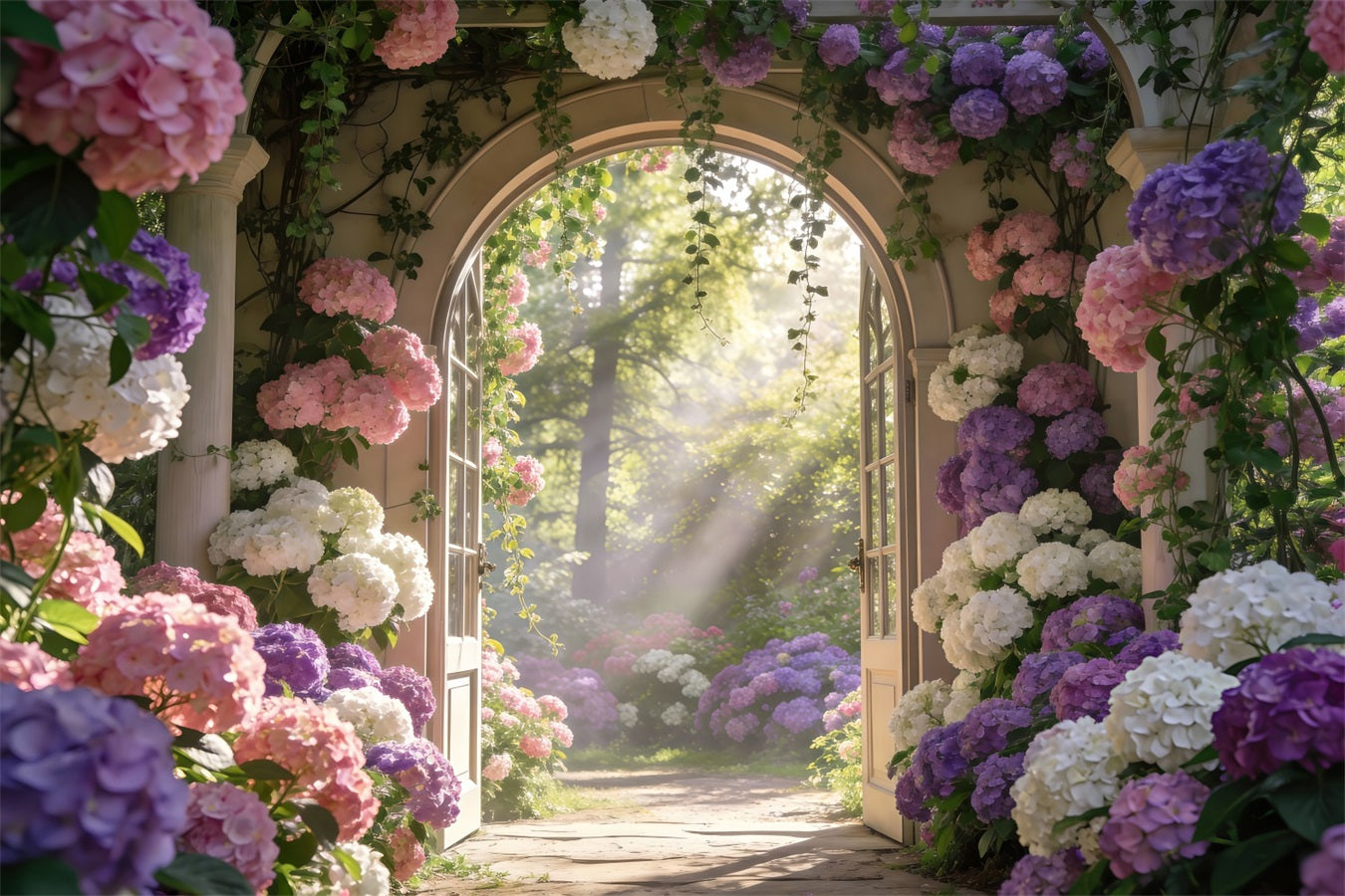 Verzauberter Garten-Fotohintergrund Sonnendurchfluteter Hortensien-Blumenbogen Frühlingshintergrund RR62-13