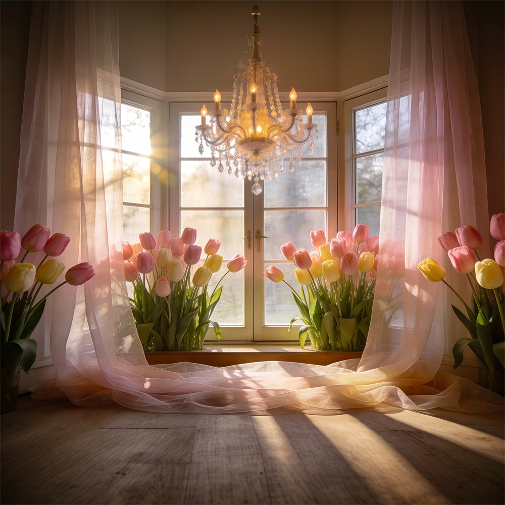 Tulpen-Hintergrund Goldenes, sonnenbeschienenes Fenster Kronleuchter Frühlingshintergründe für die Fotografie RR62-16