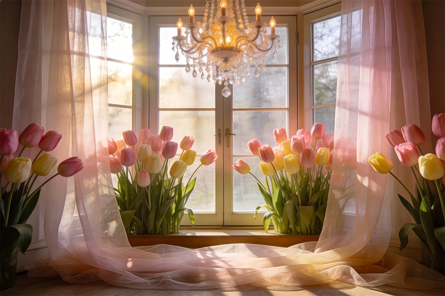 Tulpen-Hintergrund Goldenes, sonnenbeschienenes Fenster Kronleuchter Frühlingshintergründe für die Fotografie RR62-16