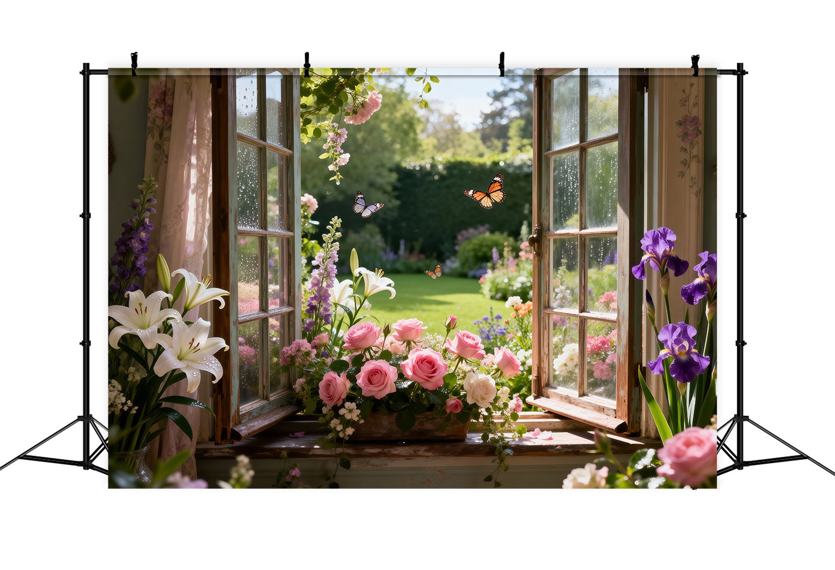 Schmetterlings-Fotohintergrund Lilien-Rosengarten Fensterblüte Frühlingshintergrund RR62-17