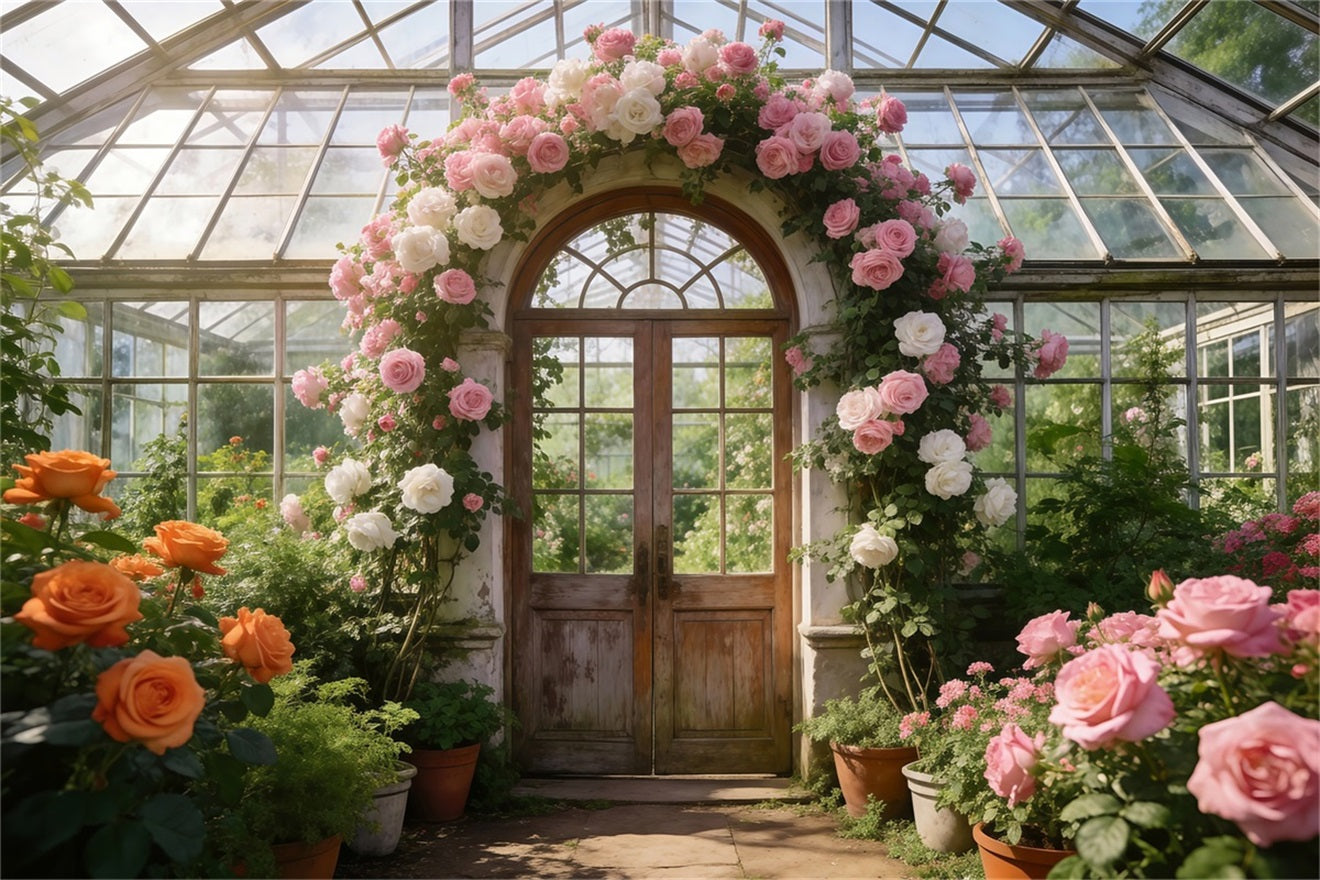 Englischer Garten-Hintergrund Gewächshaus Rosenbogen Licht Frühlingshintergrund RR62-18