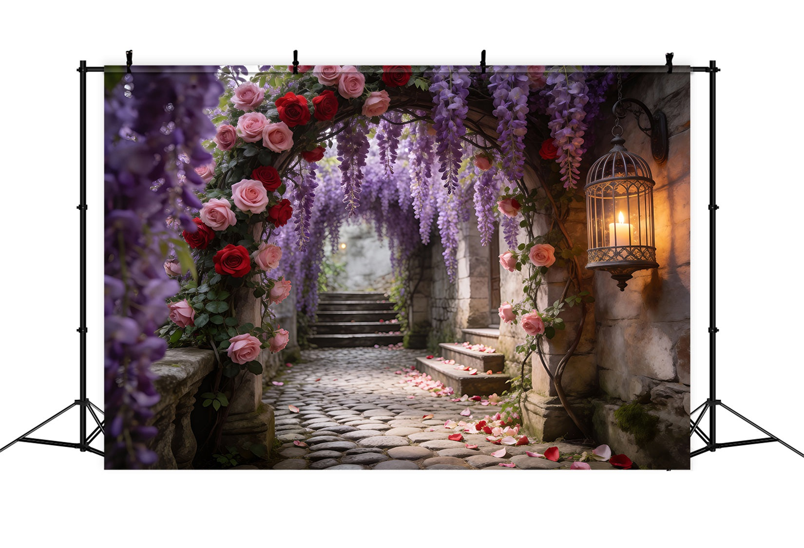 Blumengarten-Hintergrund Glyzinien Rosen Steinpassage Frühling Foto-Hintergrund Ideen RR62-25