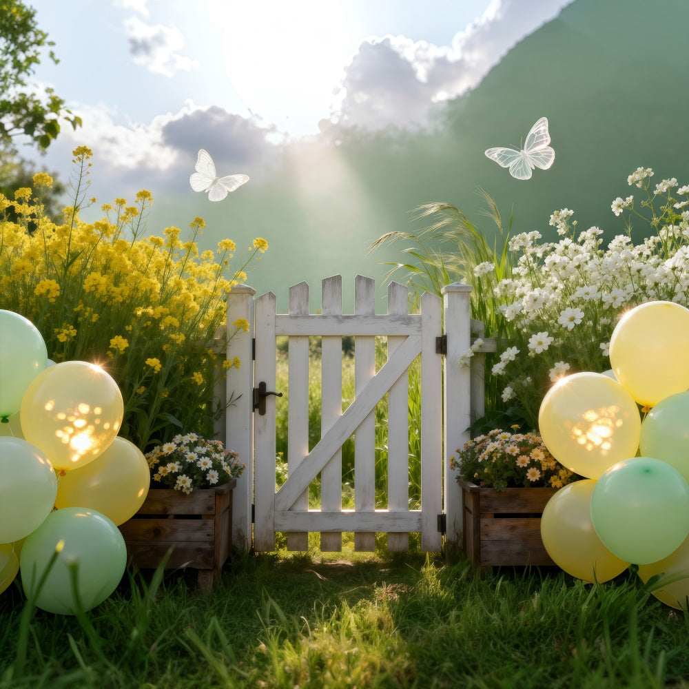 Frühlingsballon-Hintergrund Pastellwiese Tor Sonnenlicht Blumengarten-Hintergrund RR62-28