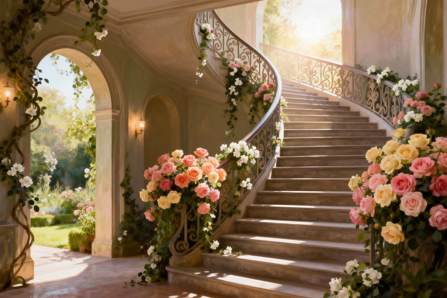 Frühlingsferien-Hintergrund Sonnendurchflutete Blumen Große Treppe Blumen-Fotohintergründe RR62-39