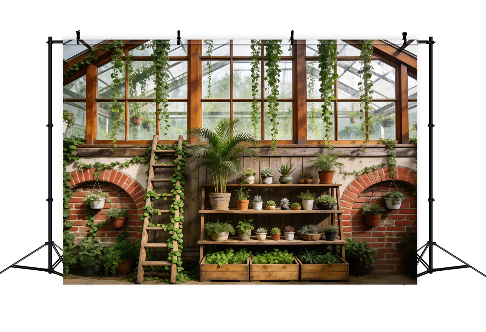 Frühlingsgewächshaus-Hintergrund Rustikale botanische Regale Fotografie Frühlingshintergrund RR62-40