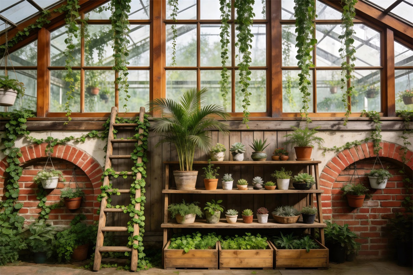 Frühlingsgewächshaus-Hintergrund Rustikale botanische Regale Fotografie Frühlingshintergrund RR62-40