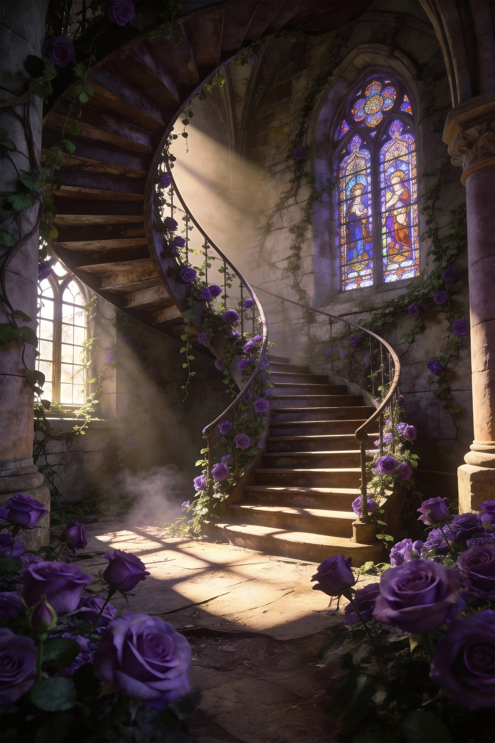 Frühlingsblumen-Hintergrund Lila Rosen Wendeltreppe Blumenbild-Hintergrund RR62-50