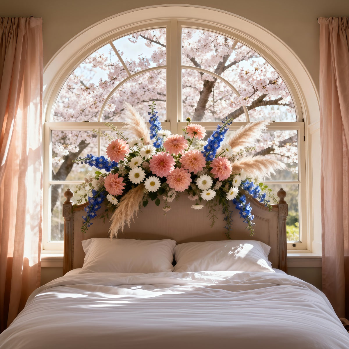 Hintergründe für Boudoir-Fotografie Sonnendurchflutetes Blütenfenster Bett Kopfteil-Hintergründe RR62-55