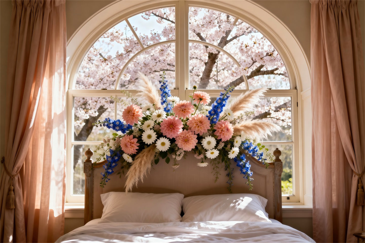 Hintergründe für Boudoir-Fotografie Sonnendurchflutetes Blütenfenster Bett Kopfteil-Hintergründe RR62-55