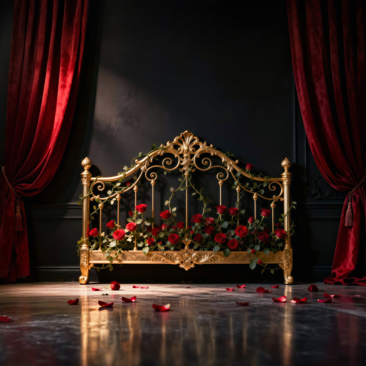 Boudoir-Kopfteil-Hintergrund Vergoldetes Rosen-Eisenbett Vintage-Wandhintergrund RR62-59