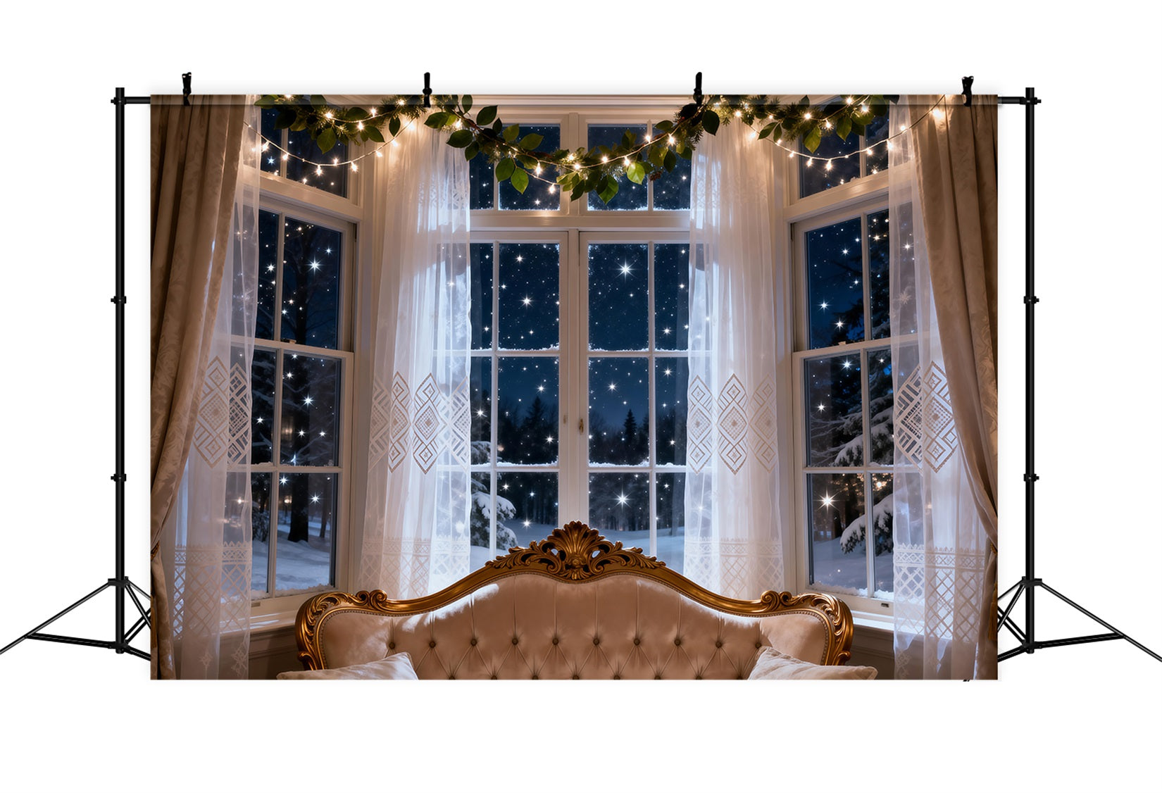 Boudoir-Kopfteil-Hintergrund Sternenklare Winterfenster-Glühen Boudoir-Hintergrund-Ideen RR62-61