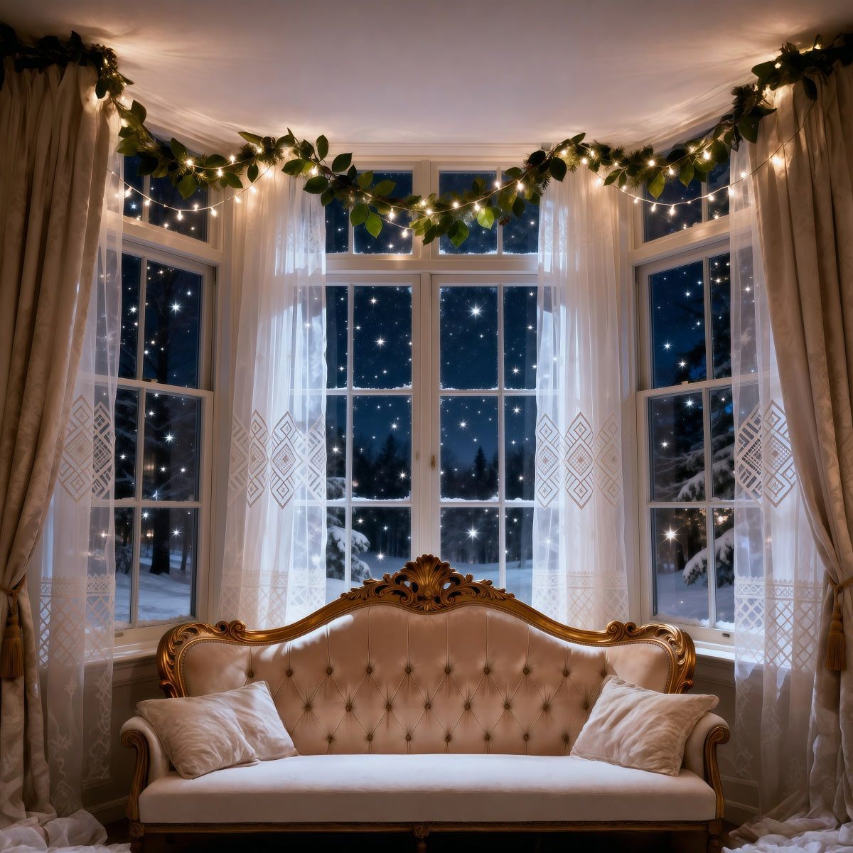 Boudoir-Kopfteil-Hintergrund Sternenklare Winterfenster-Glühen Boudoir-Hintergrund-Ideen RR62-61