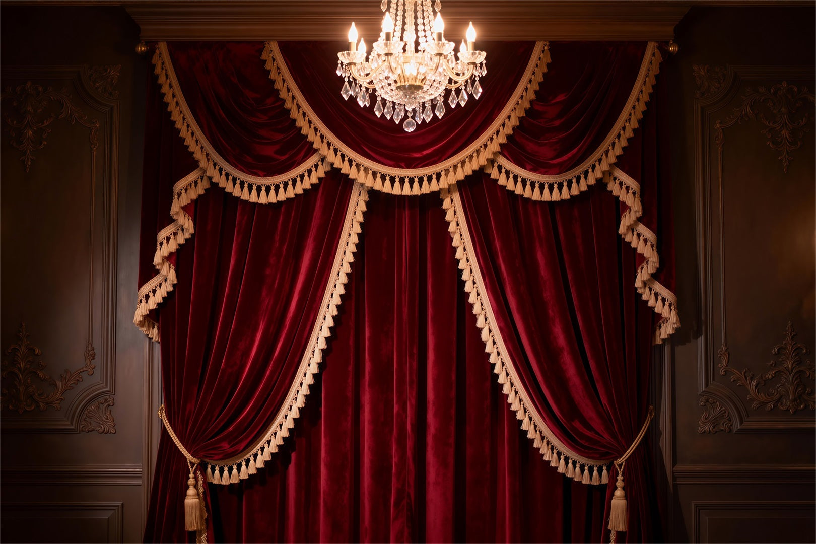 Boudoir-Fotografie-Hintergründe Grand Burgundy Quastenvorhang Kronleuchter Vintage-Hintergrund RR62-77