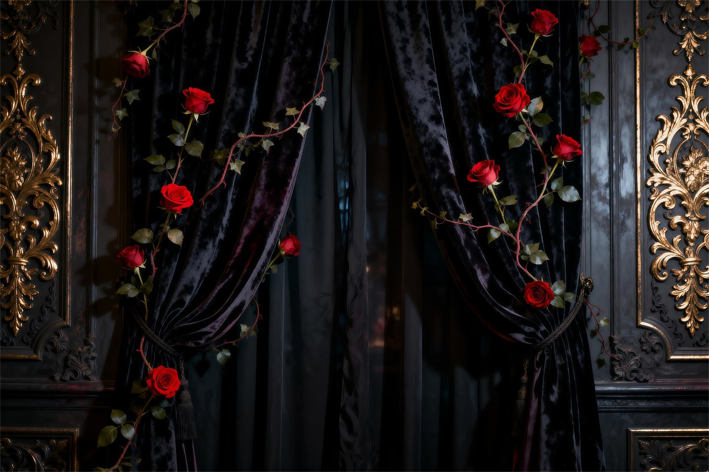 Boudoir-Hintergrund Schwarzer Samtvorhang mit Rosen Vintage-Fotografie-Hintergründe RR62-92