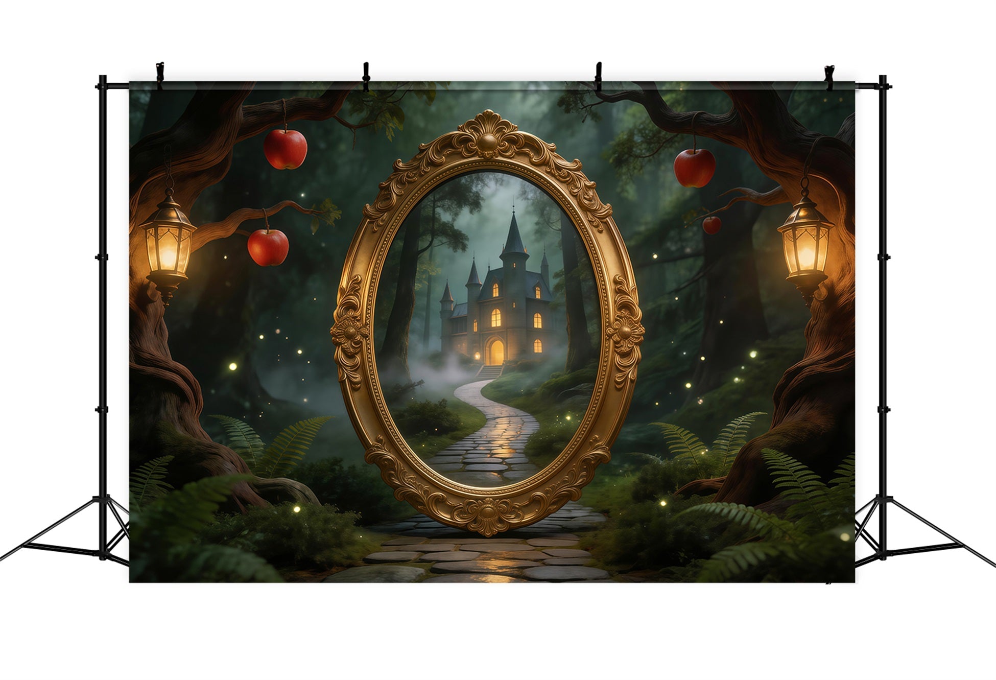 Wald-Hintergrund: Mystisches Spiegel-Schloss, Weg, Laternen, Äpfel – Wald-Themenhintergrund RR63-122
