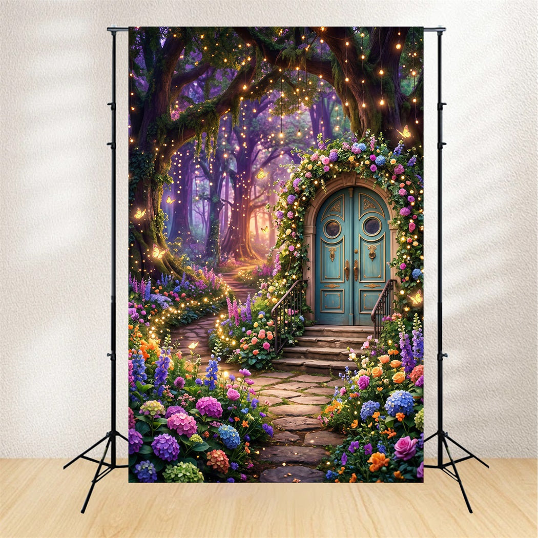 Wald-Fotohintergrund: Fantasie-Blumentür, leuchtende Schmetterlinge, Garten, Dämmerungswald-Hintergrund RR63-124