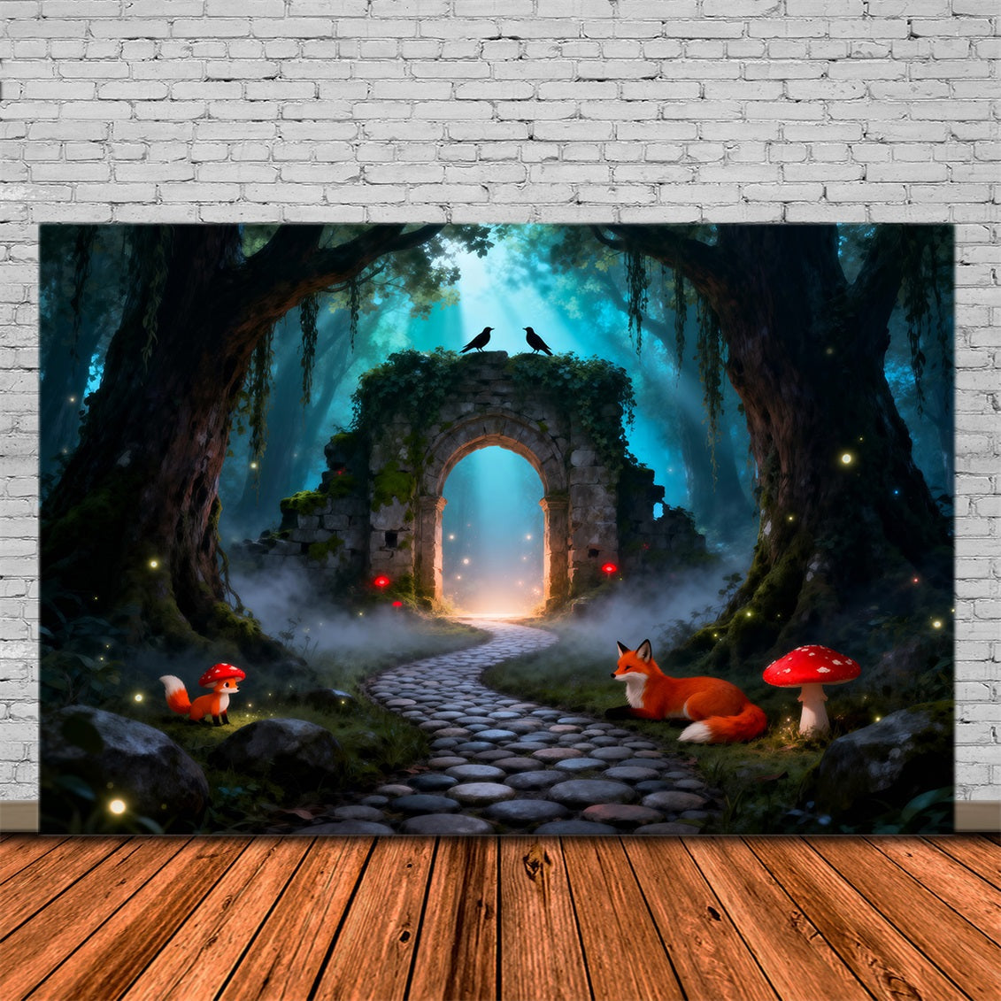 Gruseliger Wald-Hintergrund: Mystische Ruinen, Torbogen, Fuchs, Pilzpfad, Ideen für Wald-Hintergründe RR63-125