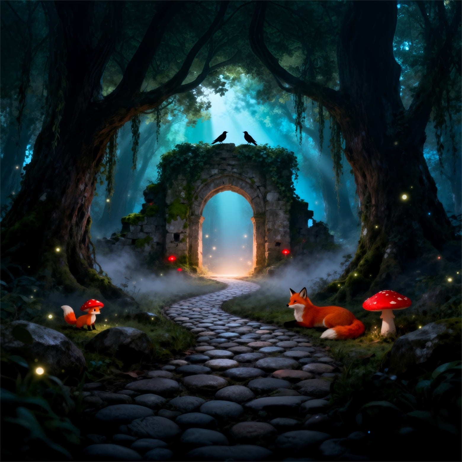 Gruseliger Wald-Hintergrund: Mystische Ruinen, Torbogen, Fuchs, Pilzpfad, Ideen für Wald-Hintergründe RR63-125