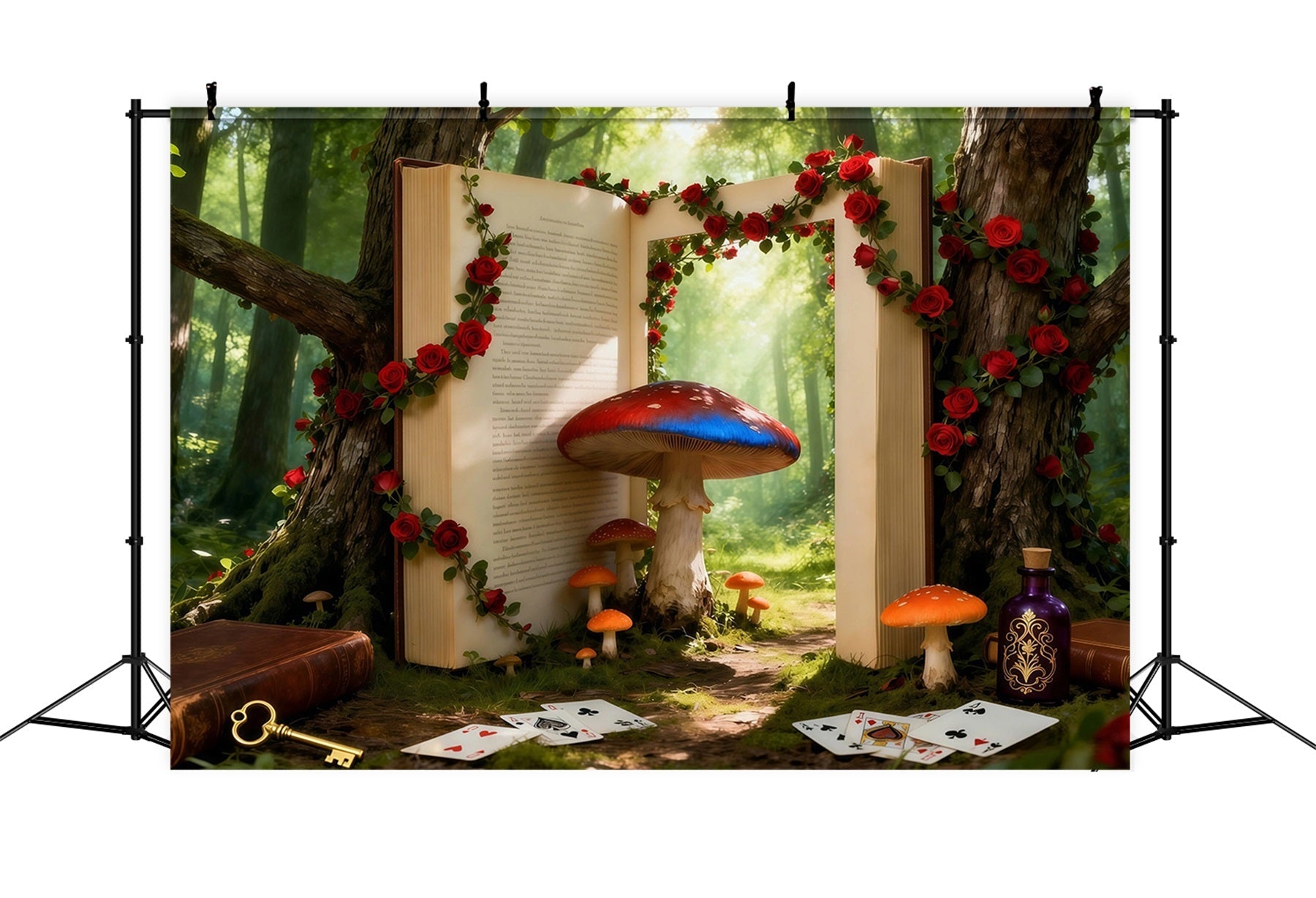 Märchenwald-Hintergrund: Fantasie-Bilderbuchportal, Pilze, Rosen, Wald-Fotohintergrund RR63-126