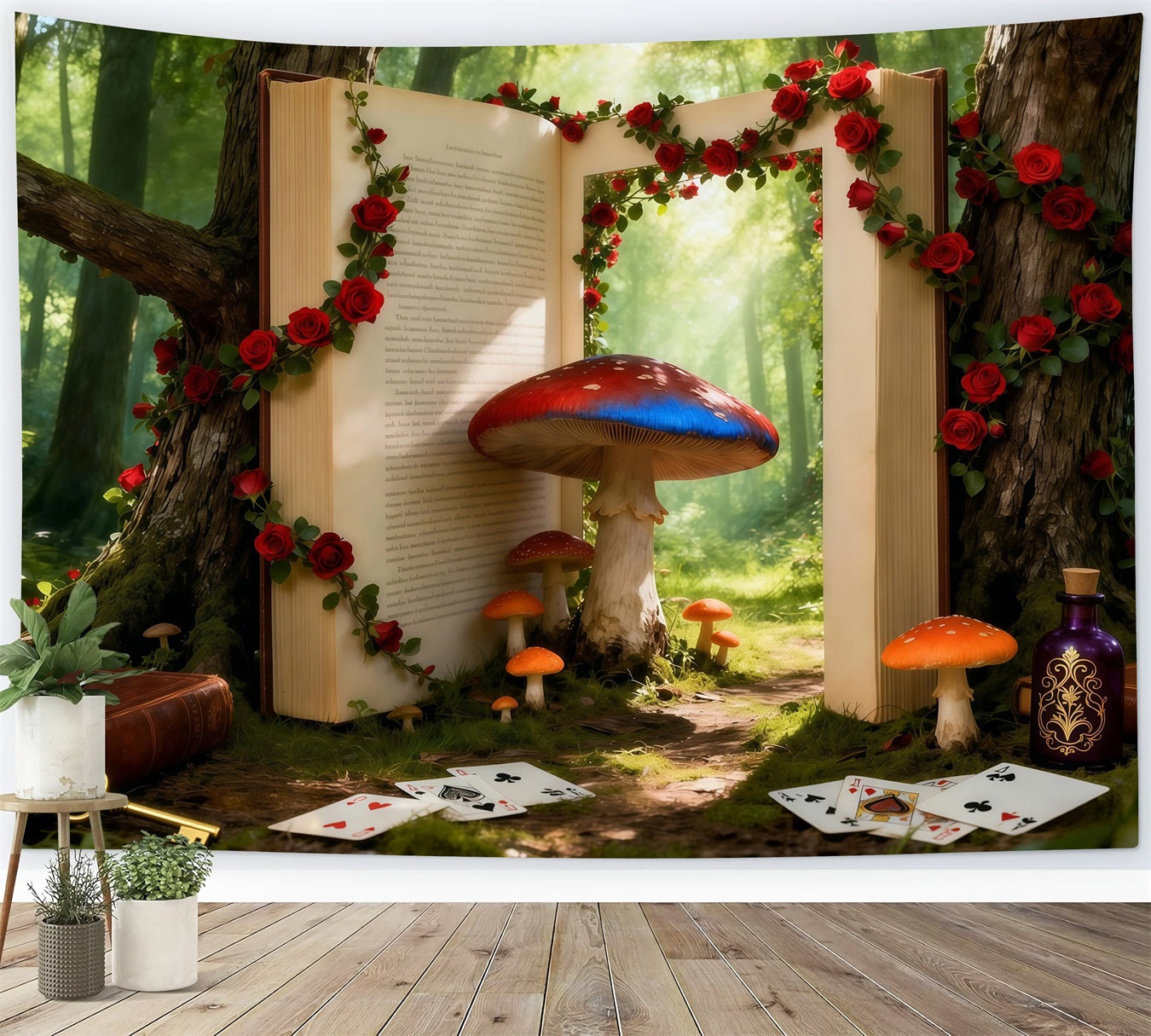 Märchenwald-Hintergrund: Fantasie-Bilderbuchportal, Pilze, Rosen, Wald-Fotohintergrund RR63-126