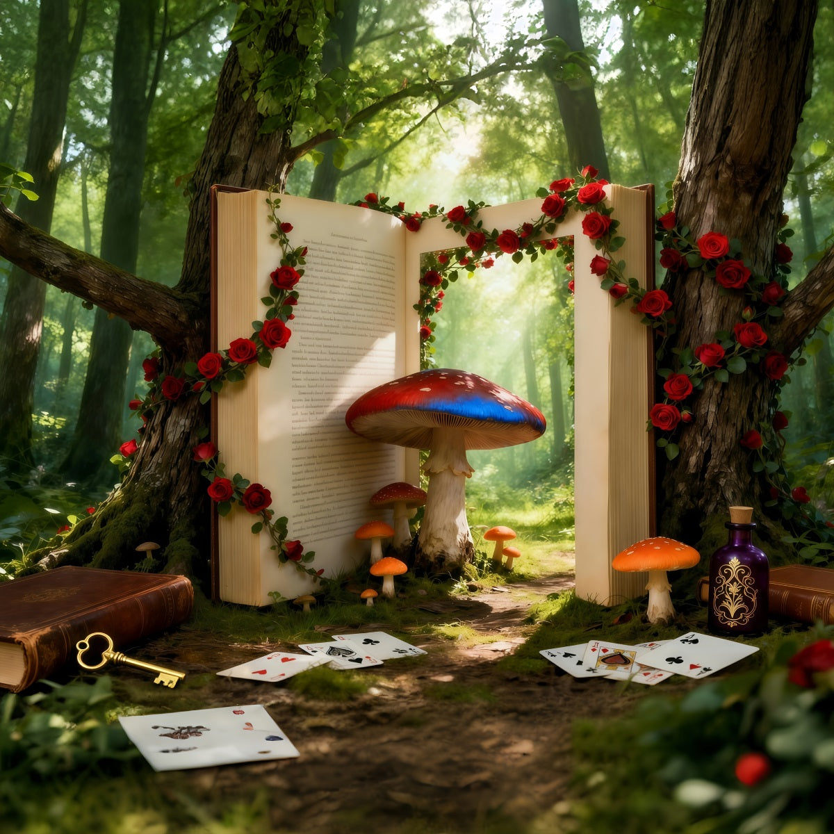 Märchenwald-Hintergrund: Fantasie-Bilderbuchportal, Pilze, Rosen, Wald-Fotohintergrund RR63-126