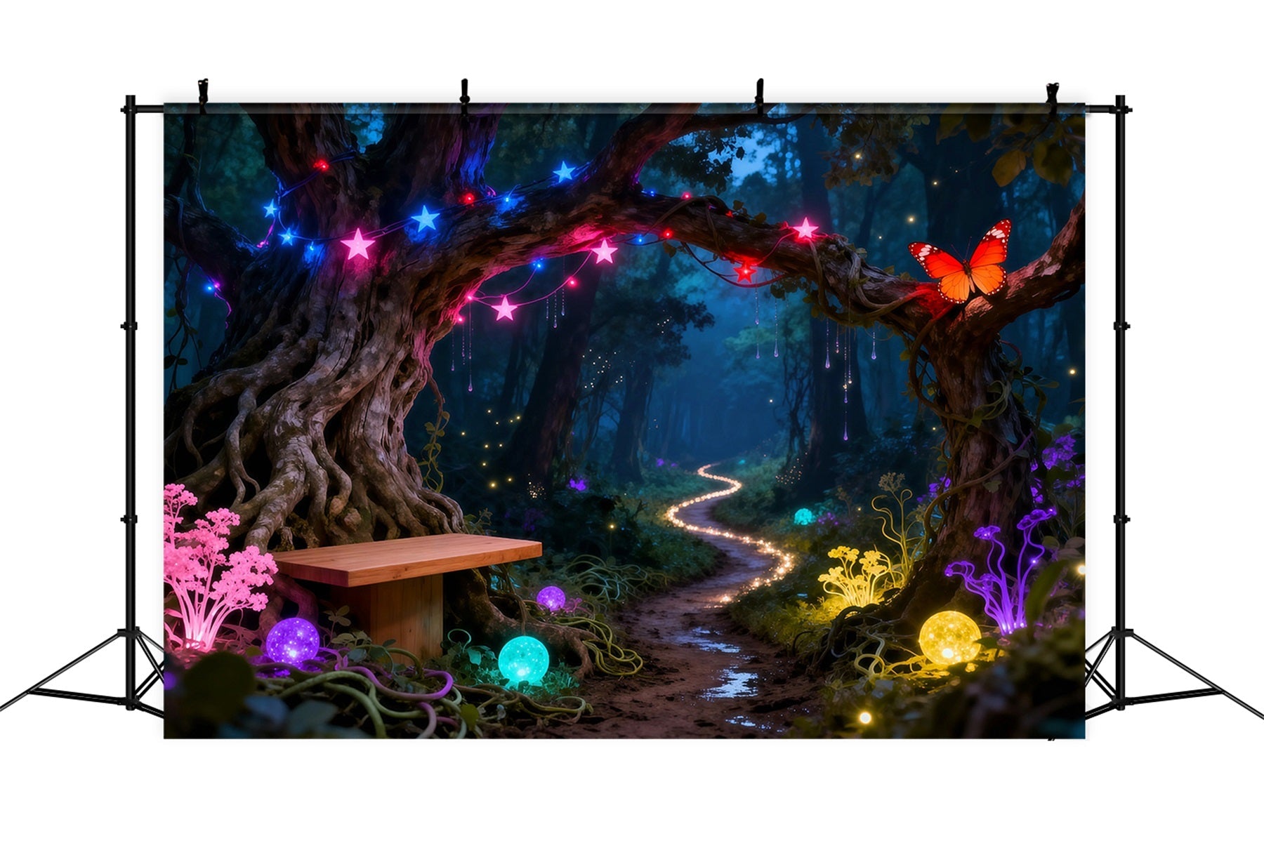 Zauberwald-Hintergründe Neon-Fantasie Leuchtender Pfad Schmetterlingswald-Fotohintergrund RR63-130