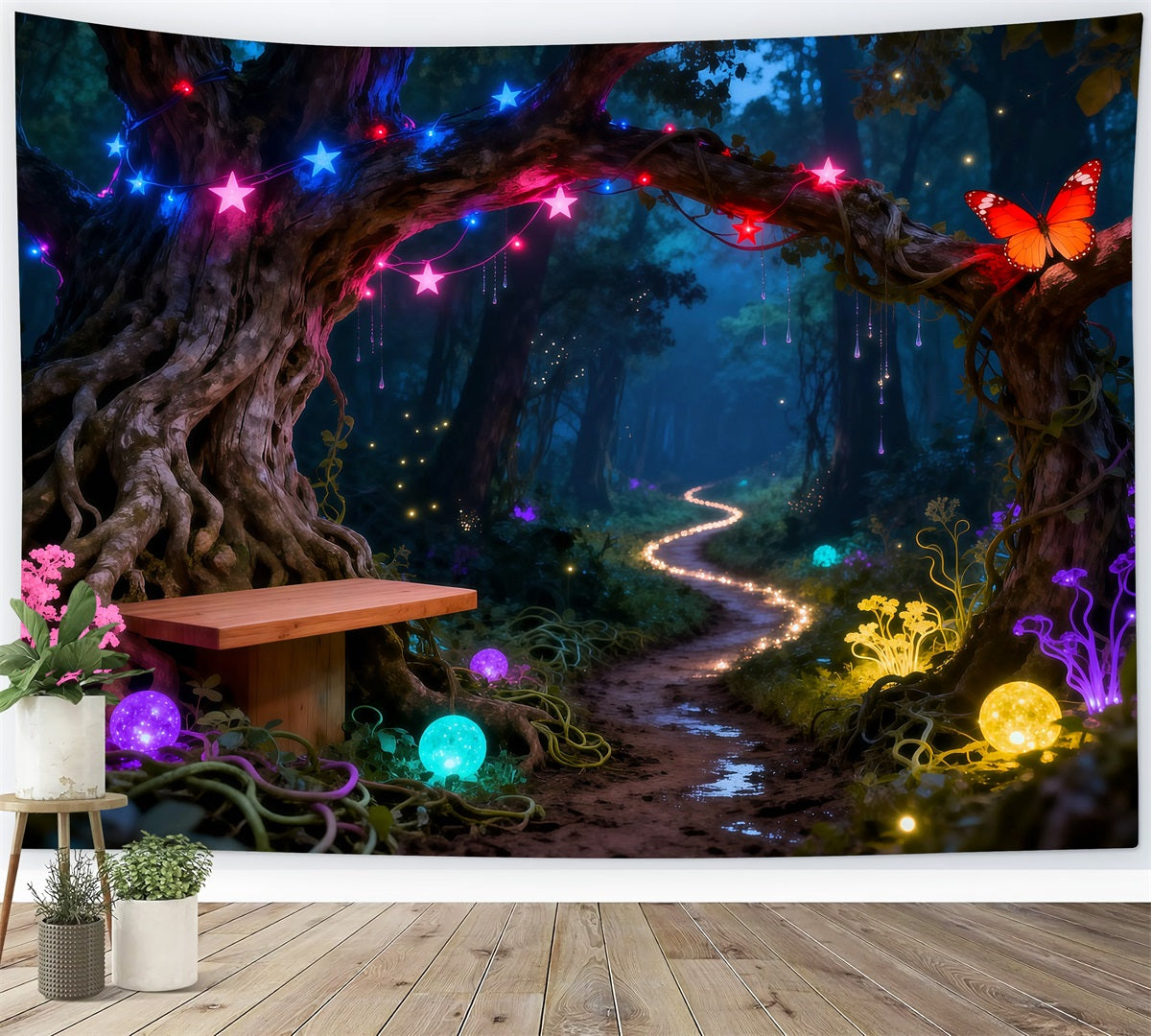 Zauberwald-Hintergründe Neon-Fantasie Leuchtender Pfad Schmetterlingswald-Fotohintergrund RR63-130