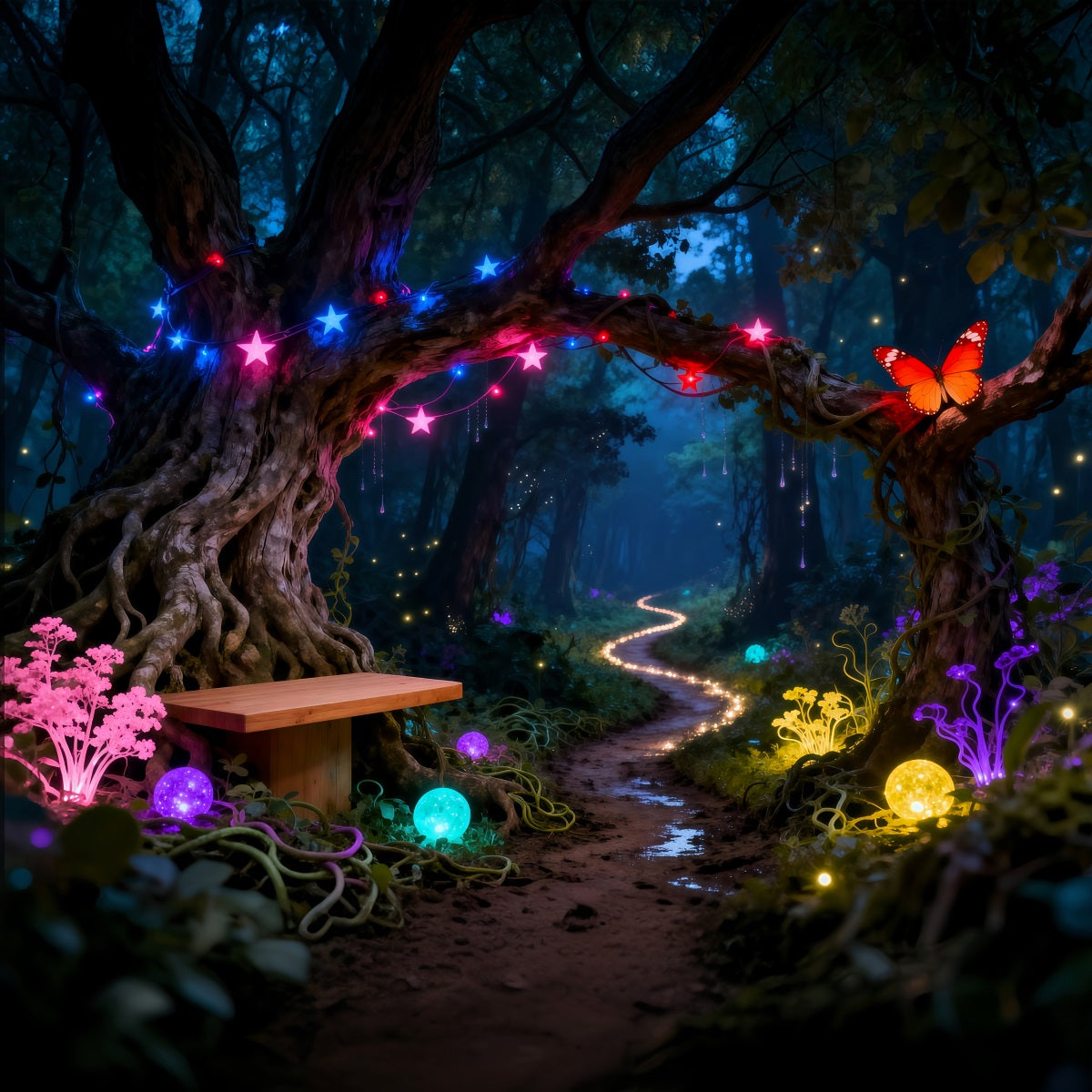 Zauberwald-Hintergründe Neon-Fantasie Leuchtender Pfad Schmetterlingswald-Fotohintergrund RR63-130