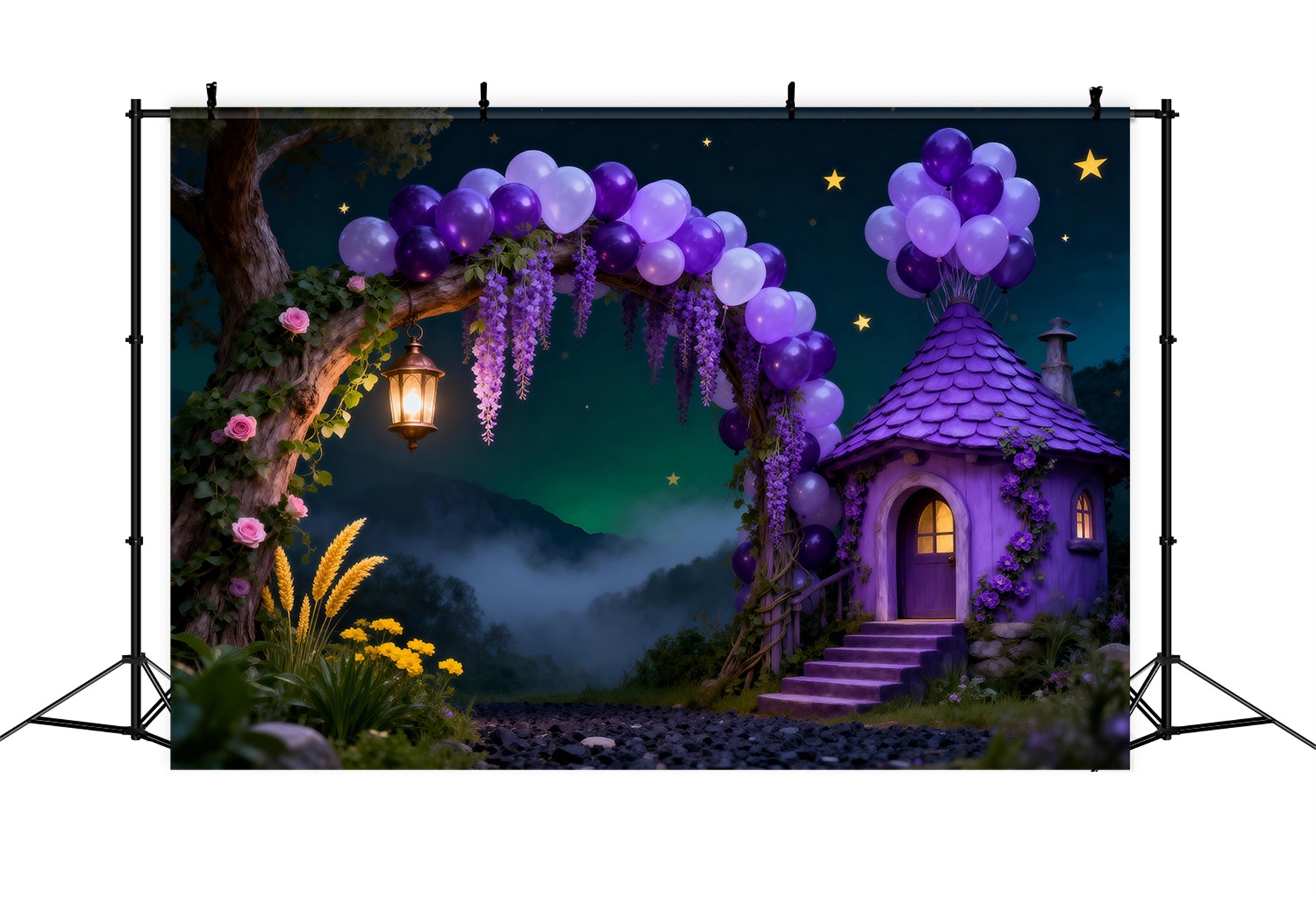 Zauberwald-Ballon-Hintergrund, lila Häuschenbogen, Sternennacht-Waldhintergrund RR63-134