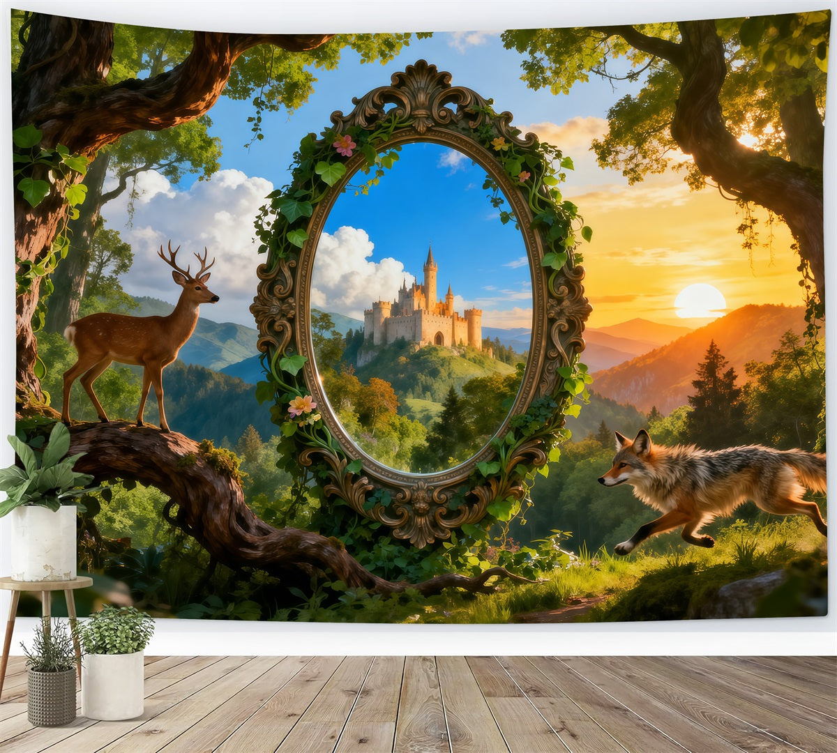 Fantasy-Wald-Hintergrund: Magischer Spiegel, Schloss, Reh, Fuchs – Märchenwald-Hintergrund RR63-135
