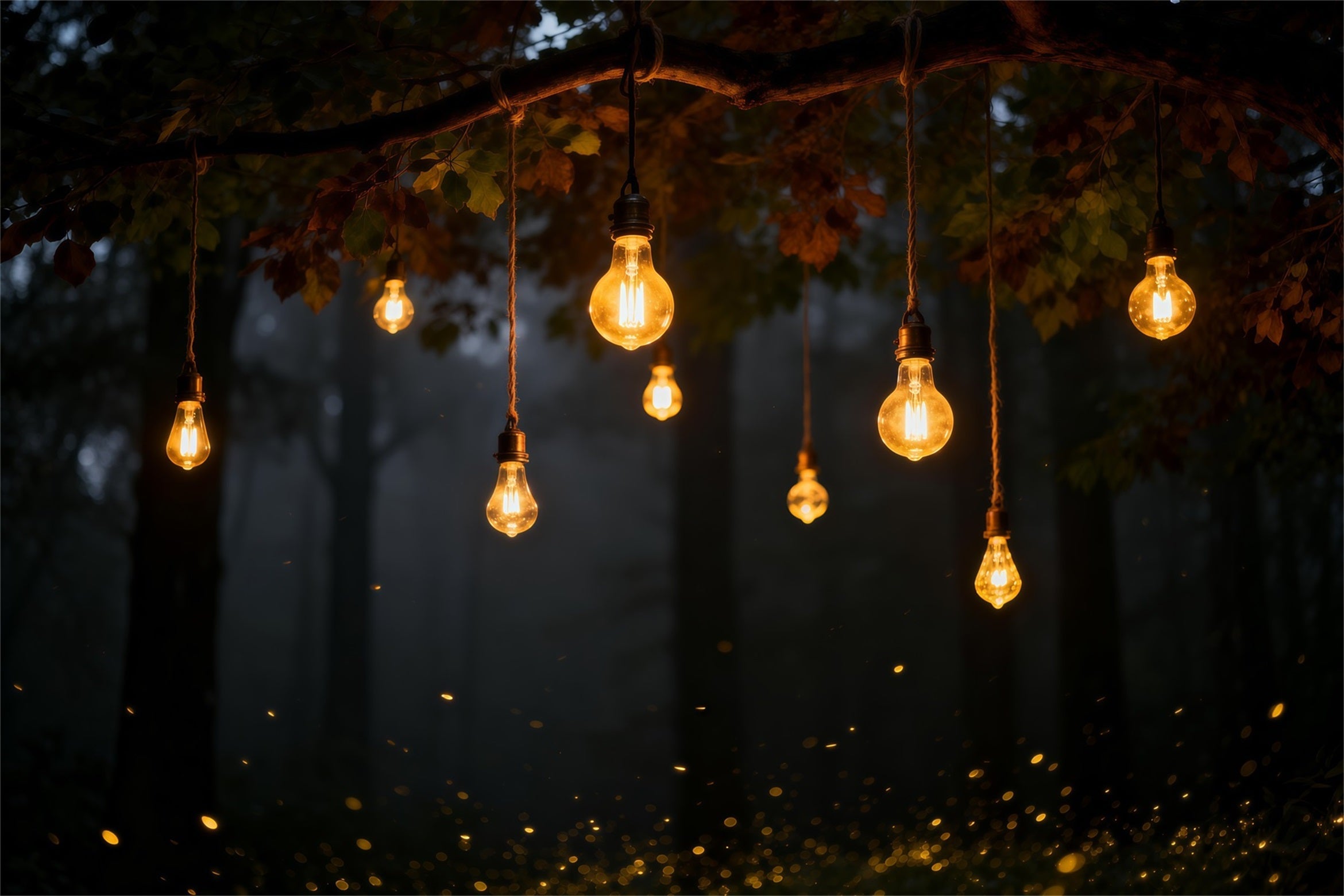 Fotohintergrund Wald Warme Hängelampen Herbstnacht Wald-Fotobox-Hintergrund RR63-137