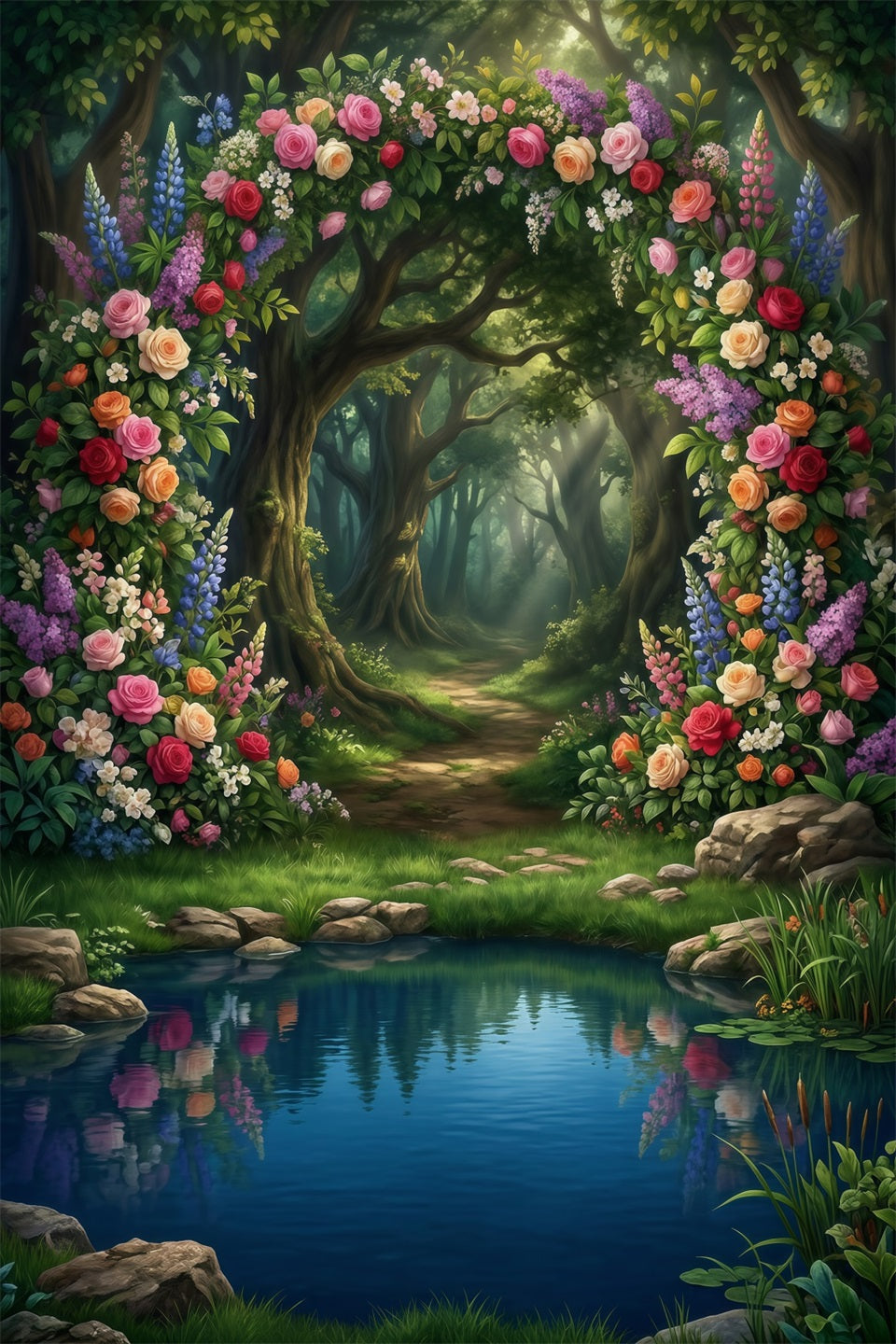 Waldszenen-Hintergrund Blumenbogen Seespiegelung Waldweg Fantasiewald-Hintergrund RR63-138