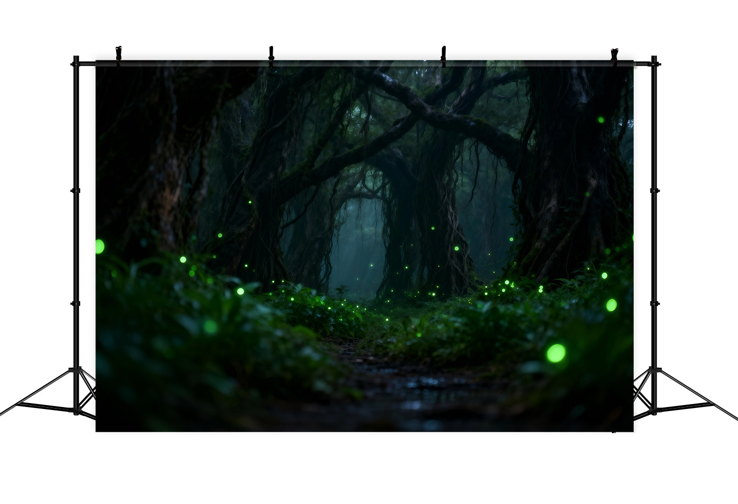 Regenwald-Hintergrund Dunkle verzauberte Wurzeln Leuchtende Glühwürmchen Wald-Themenhintergrund RR63-139
