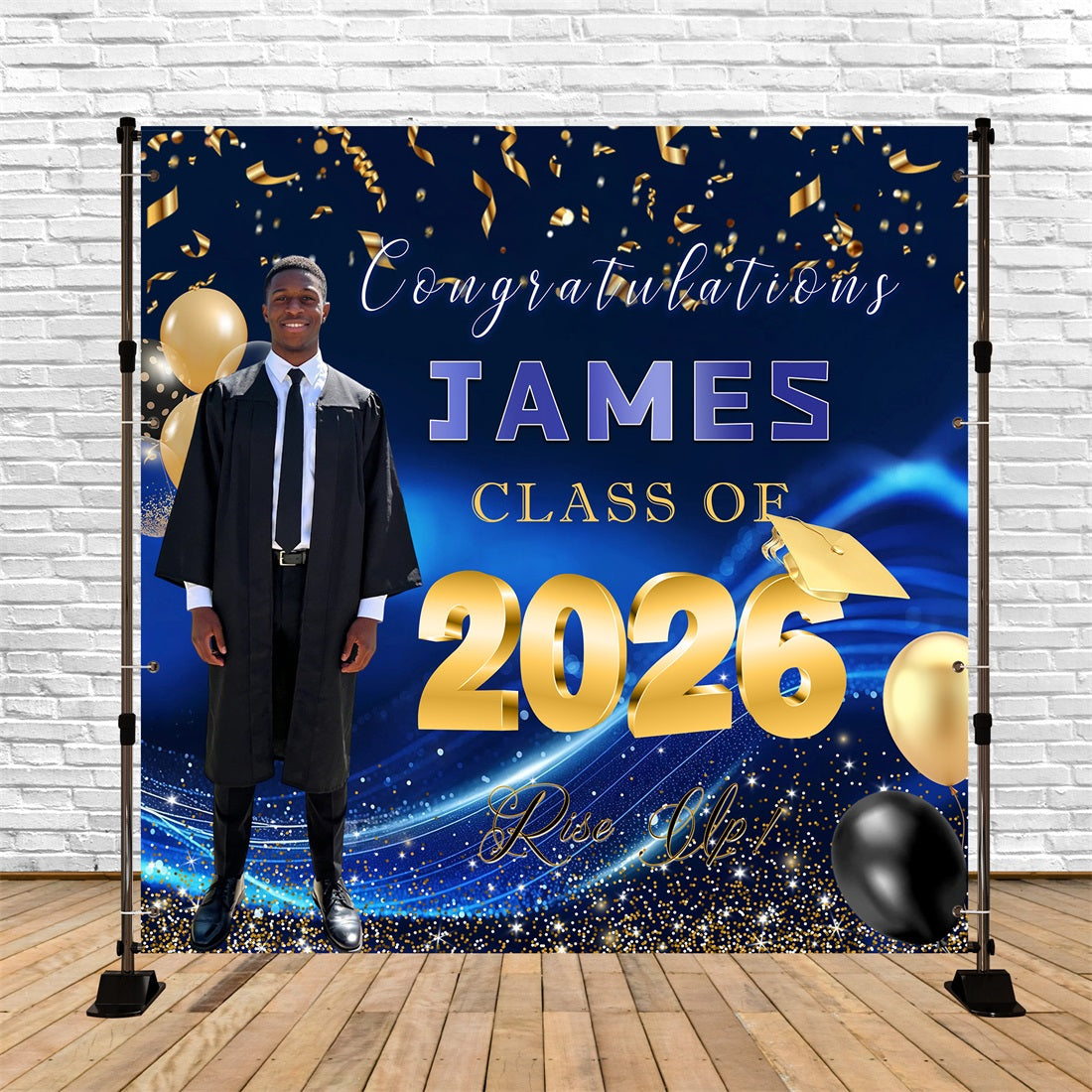 Abschlussklasse 2026 Abschluss-Hintergrund Blau-Gold-Konfetti-Ballons Individueller Abschluss-Hintergrund RR63-14