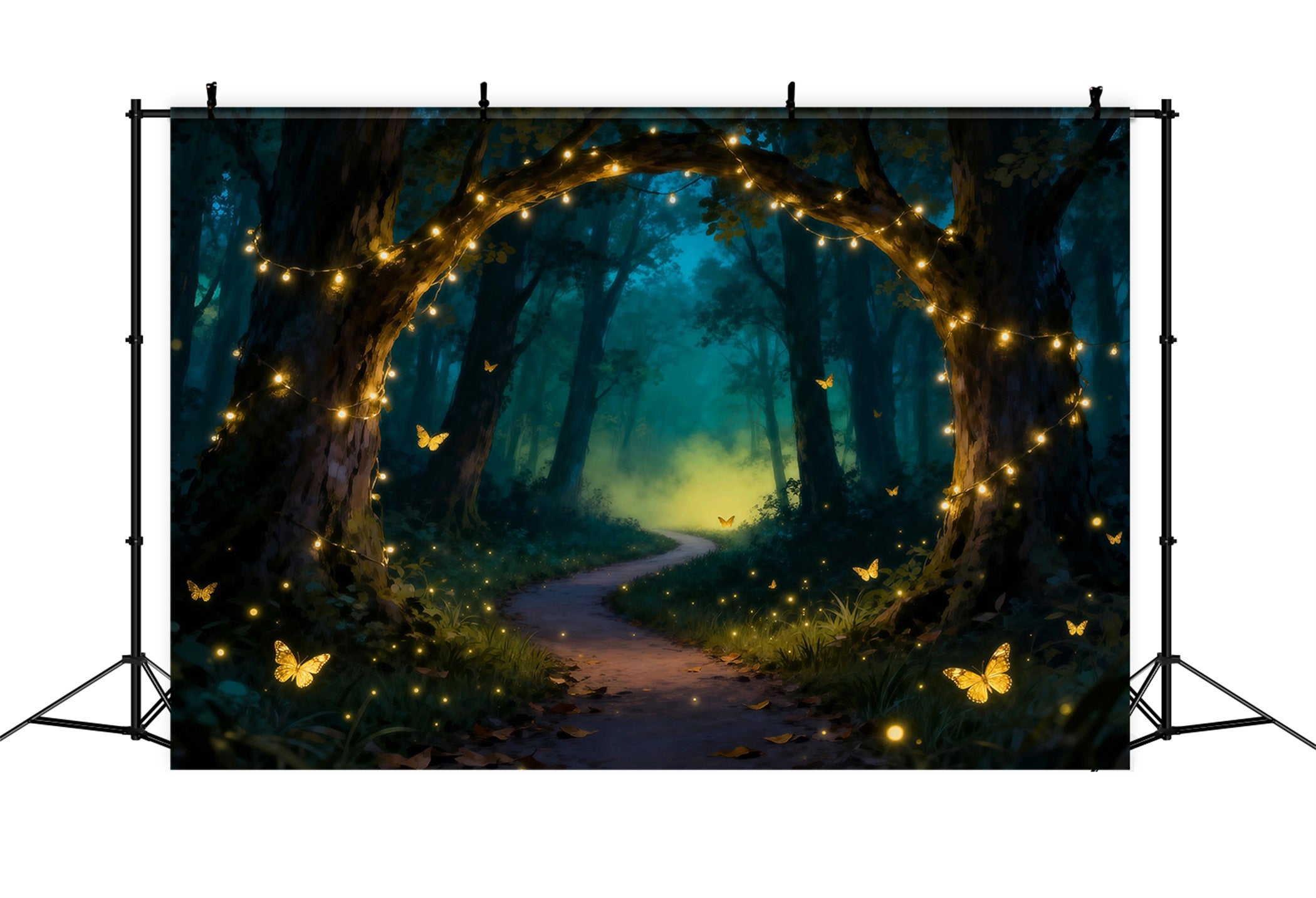 Hintergrund mit verzaubertem Wald-Motiv, goldener Lichtbogen, Schmetterlings-Traumweg, Wald-Hintergrund RR63-140